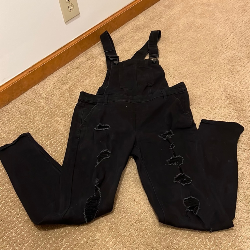 Black distressed overalls